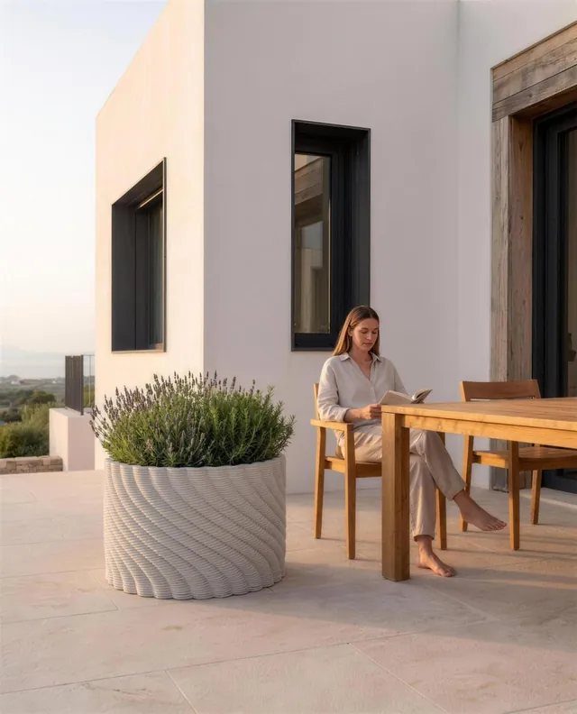 WAVE .01 printed concrete planter with diagonal ribs