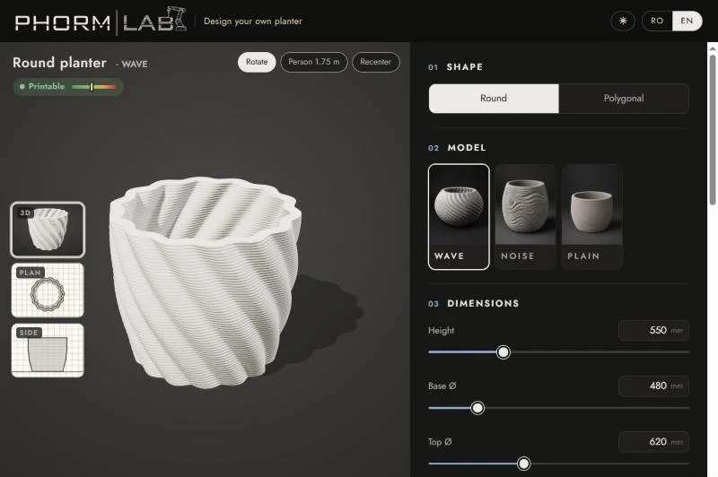 Phorm Lab configurator: a round WAVE planter in 3D with shape, model and dimension controls