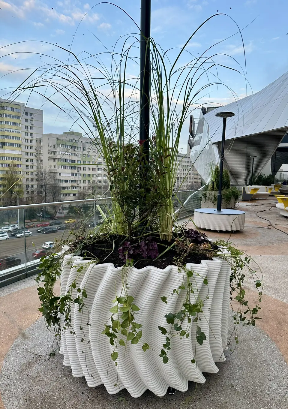 Twisted round planter on the terrace